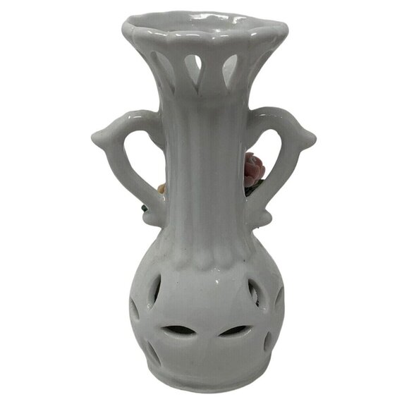 Mini Porcelain Bud Vase White Applied Flowers Floral 5 Inch Reticulated - Picture 4 of 9